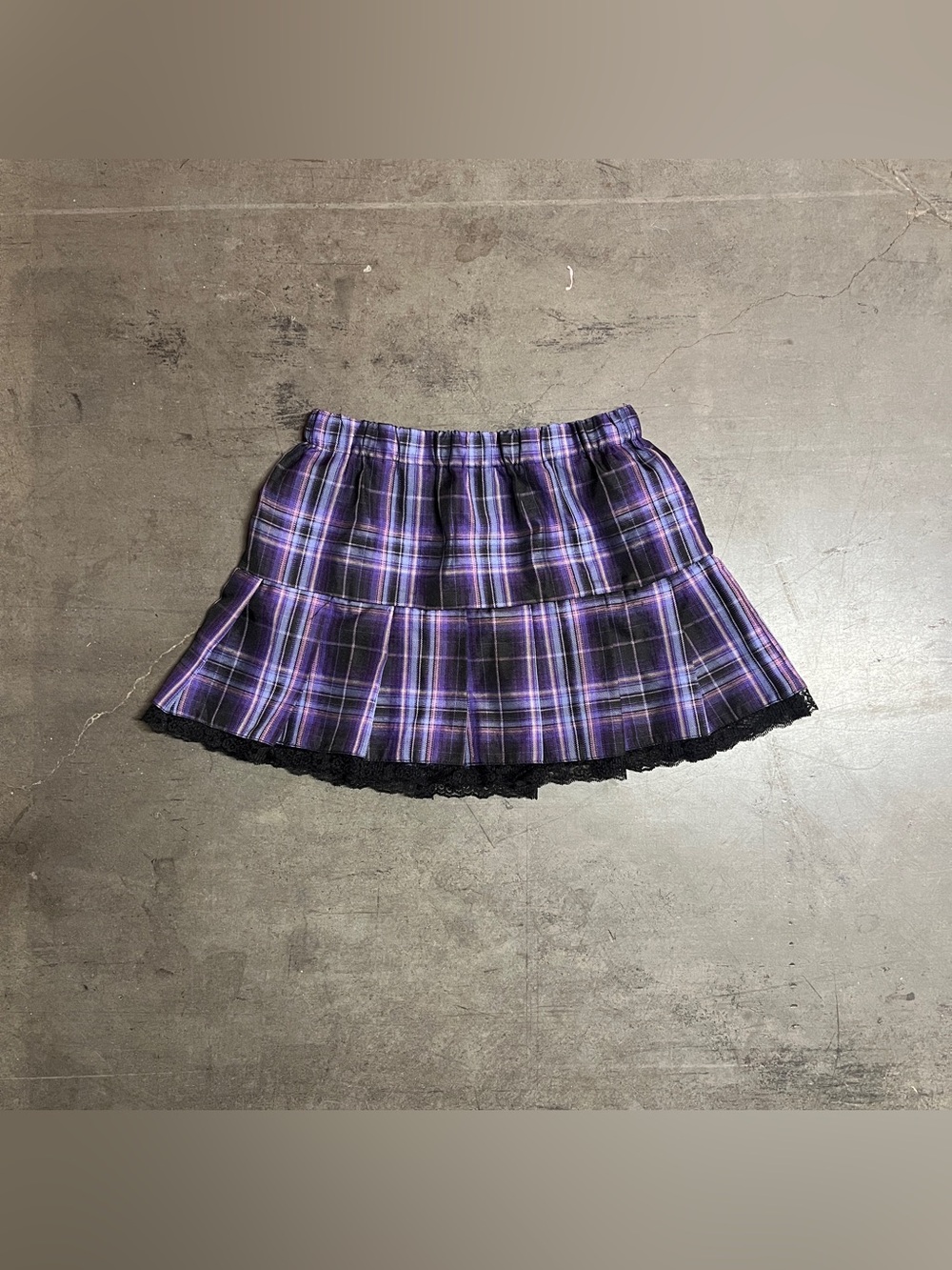 SHEIN Purple Plaid Mini Skirt with Black Lace Trim